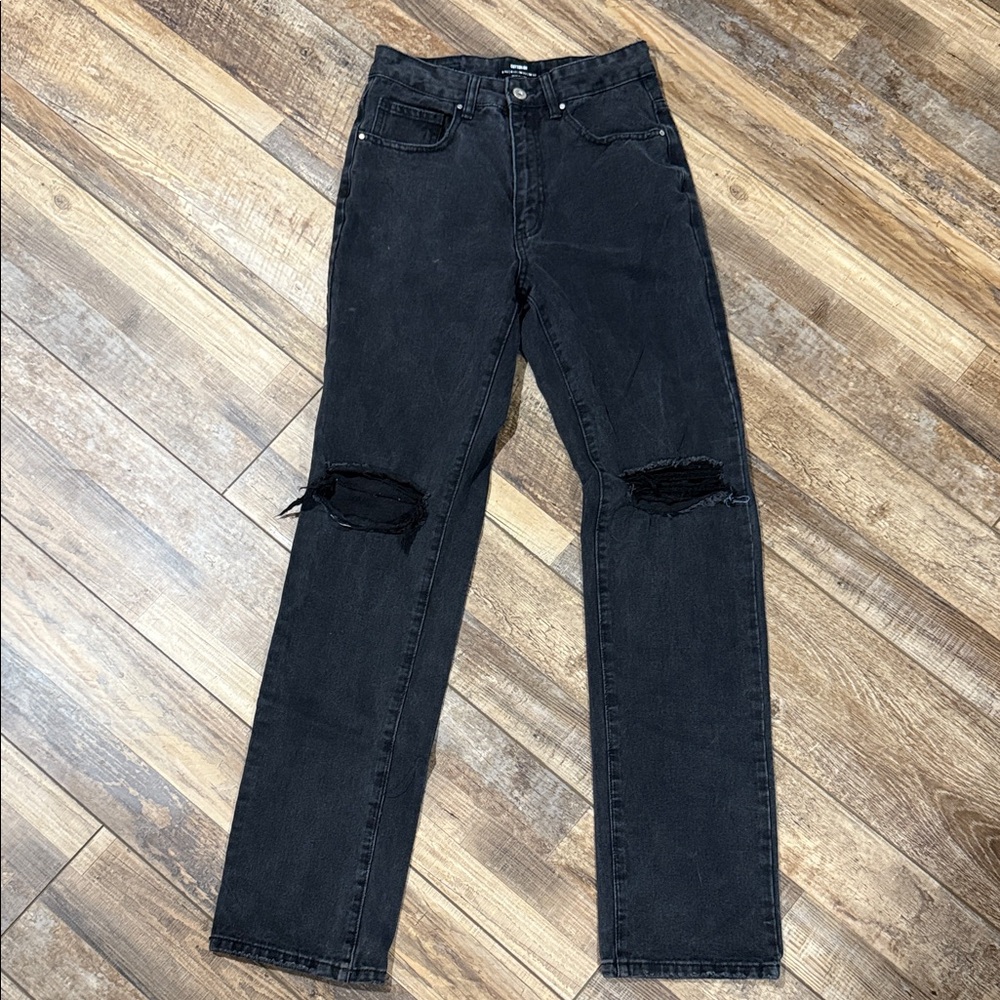 Cotton On Long Straight Leg Jeans Washed Black Distressed Knee Rips Women Size 4
